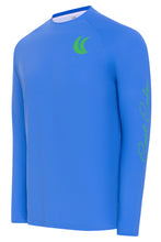 Load image into Gallery viewer, Fishing shirt Solid blue with green logo crew neck High performance long sleeve Shirt
