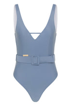 Load image into Gallery viewer, One piece swimsuit Blue V neck elegant belted
