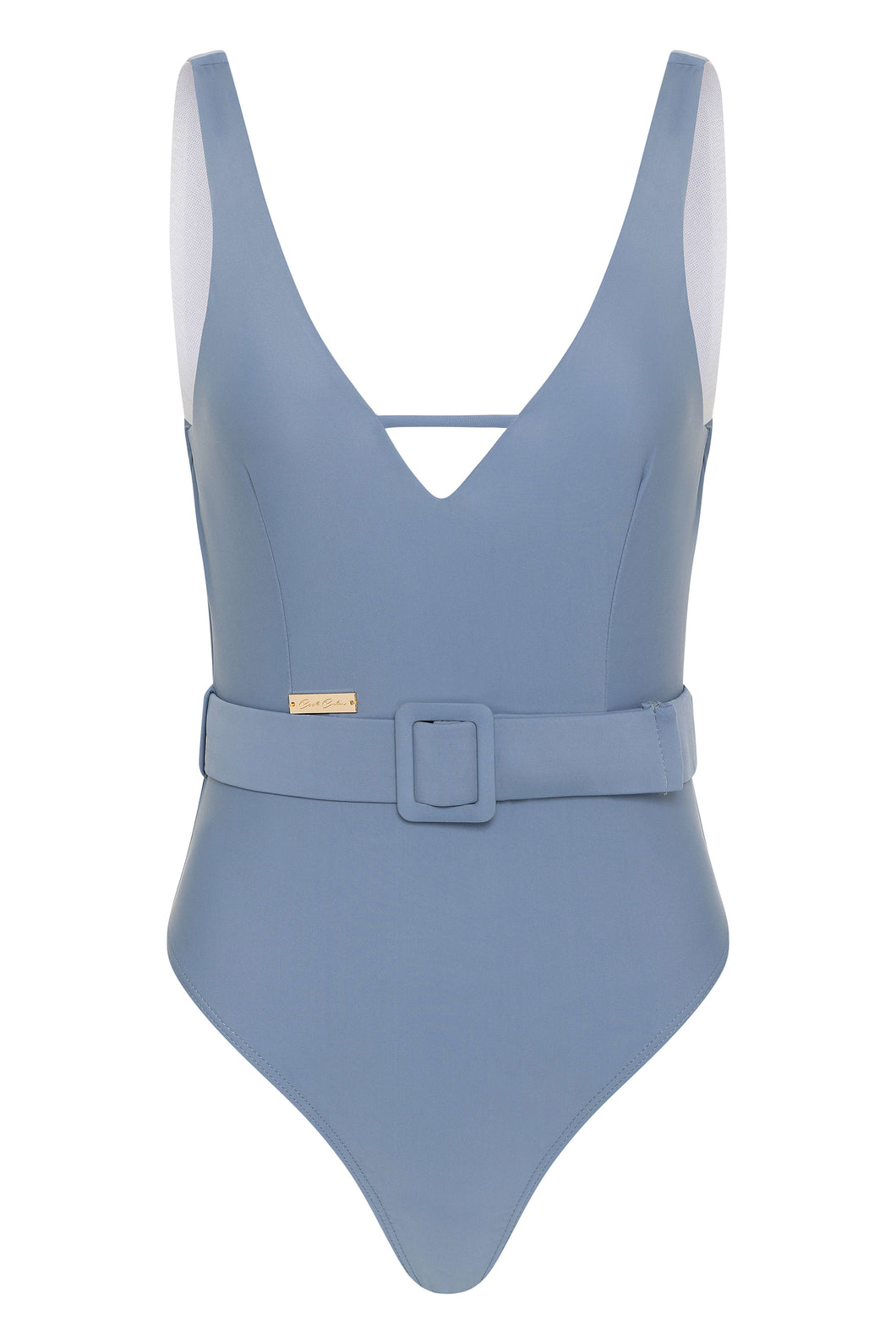 One piece swimsuit Blue V neck elegant belted